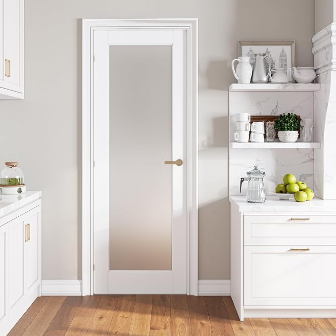SMARTSTANDARD 28" x 80" Slab Door, Solid Core Frosted Glass Pantry Door | Pre-Assembled Interior Door without Hardware Kit for Pantry, Pocket, White Primed, Paintable Surface