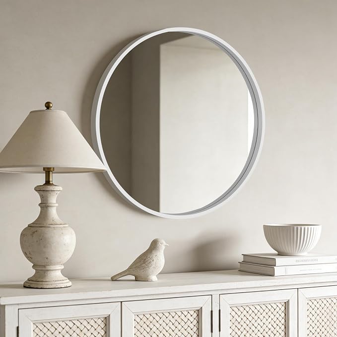 Round Wood Mirror 28 inch Circle Wall Mirror for Bathroom Round Wall Mirror for Wall Decor, Vanity, Entryway Living Room (White)