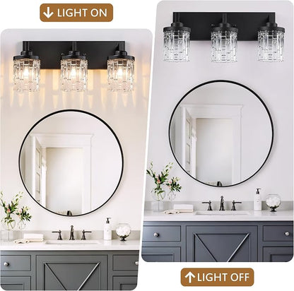 maesta Black Bathroom Light Fixture,3 Light Modern Vanity Light Over Mirror | Modern Vanity Light, Black Metal & Crystal Glass Fixture, Anti-Rust, Easy to Install for Bathroom Hallway Bedroom Entryway