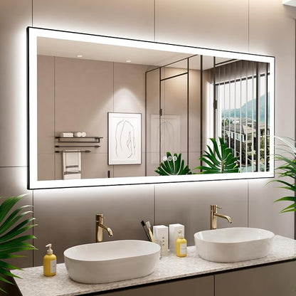 72x36 Inch LED Bathroom Mirror with Black Frame | Black Metal Frame, Front and Backlit, 3 Colors, Dimmable, Memory, Anti Fog, Tempered Glass, Lighted Mirror for Wall