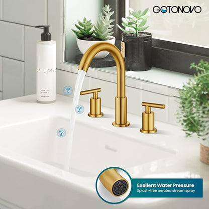 gotonovo 3 Hole 2 Handles Lavatory Basin Bathroom Sink Faucet with Pop Up Drain with Hot and Cold Mixer Valves 8 Inch Widespread Bathroom Faucet Dark Gold