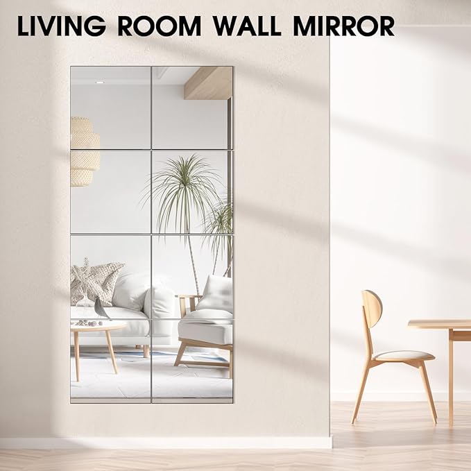 VASUHOME Glass Full Length Wall Mirror Tiles- 14x12 Inch- 8PCS Frameless Full Body Mirror for Home Gym, Bedroom, Living Room - Versatile Wall Mirror with Unrivaled Clarity