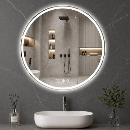 Round LED Bathroom Mirror, 26 Inch, HD Shatterproof Tempered Glass | Lighted Bathroom Mirror with Dimmable Lights Bathroom Mirror with Lights for Wall, 3 Color Temperatures