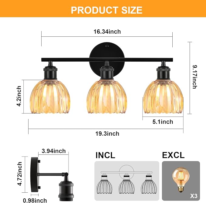 Bathroom Light Fixtures, 3-Light Brushed Black Vanity Lights for Bathroom with Amber Tulip Glass Shade, 20" Vintage Bathroom Vanity Lighting Fixtures Over Mirror for Bedroom Living Room Hallway