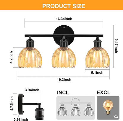 Bathroom Light Fixtures, 3-Light Brushed Black Vanity Lights for Bathroom with Amber Tulip Glass Shade, 20" Vintage Bathroom Vanity Lighting Fixtures Over Mirror for Bedroom Living Room Hallway