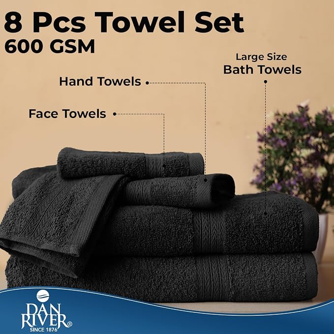 DAN RIVER 8 Piece Luxury Bath Towels for Bathroom, Towel Set, Black | 2 Bath towels, 2 Hand towels, and 4 Wash Cloths, 600 GSM 100% Ring Spun Cotton, Highly Absorbent, Gym, Hotel, guest, and Spa