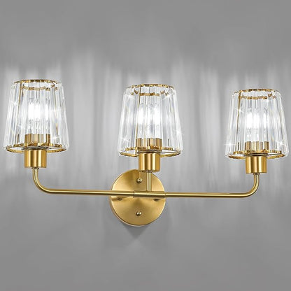 Brushed Gold Vanity Lights, 3-Light Crystal Bathroom Light Fixtures | Modern Bathroom Vanity Light E26 Wall Light over Mirror (Exclude Bulb)