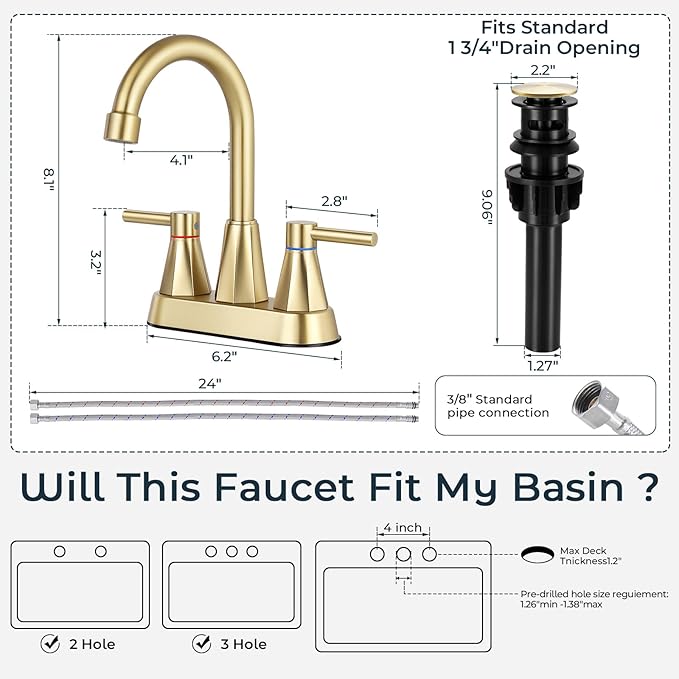 4 inches Bathroom Faucet for 3 Hole,2-Handle Bathroom Sink Faucets with Pop Up Drain (Brush Gold)