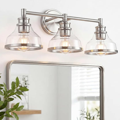 kudos 3-Light Brushed Nickel Vanity Light, Clear Glass Shade | 24" bathroom light fixtures over mirror, upward or downward, E26 base, bulbs not included, Hardwired, KDVL20-BN-3