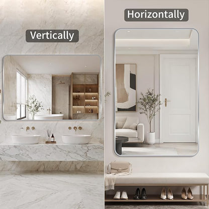 Bathroom Mirror, 30X55 Brushed Black Metal Framed Wall-Mounted Mirror for Over Sink, HD Tempered Glass, Anti-Rust, Rounded Rectangle Mirror for Restroom, Bedroom, Hangs Horizontal or Vertical, Silver