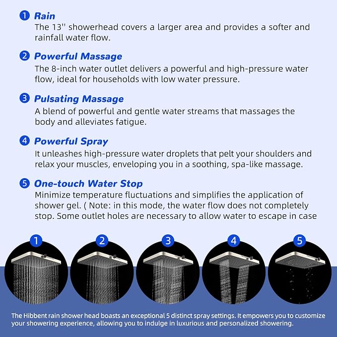 Hibbent 5-spray Filtered Rainfall Shower Head Combo, High Pressure 13'' Showerhead with 10 Spray Modes Handheld, All Metal 3 way Diverter Shower Arm, 71'' Hose and Holder, Brushed Nickel