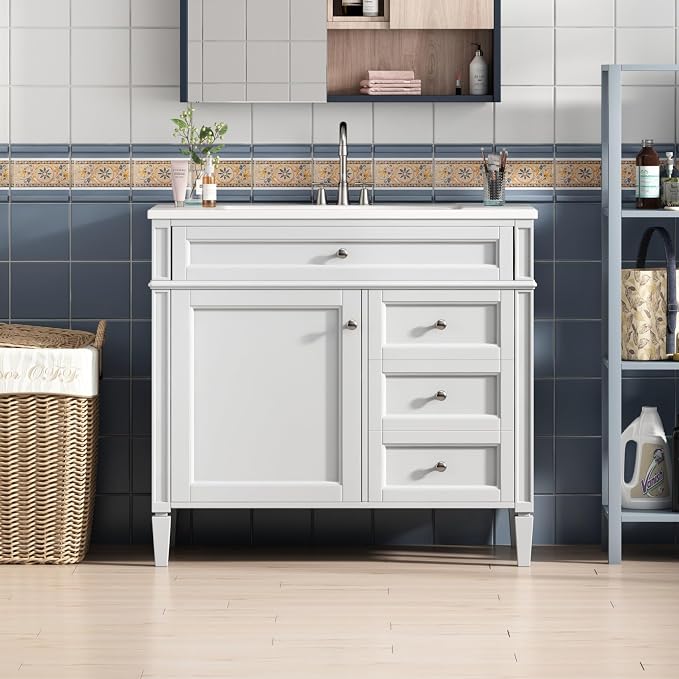 36'' Bathroom Vanity with Top Single Resin Sink Countertop Combo, Solid Wood Frame Modern Organizer Storage Cabinet, Tip-Out Drawer, Soft Closing Doors, Free Standing, White