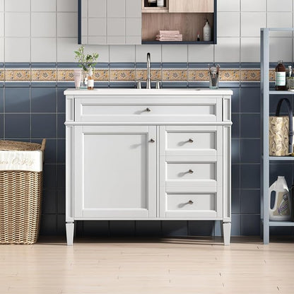36'' Bathroom Vanity with Top Single Resin Sink Countertop Combo, Solid Wood Frame Modern Organizer Storage Cabinet, Tip-Out Drawer, Soft Closing Doors, Free Standing, White