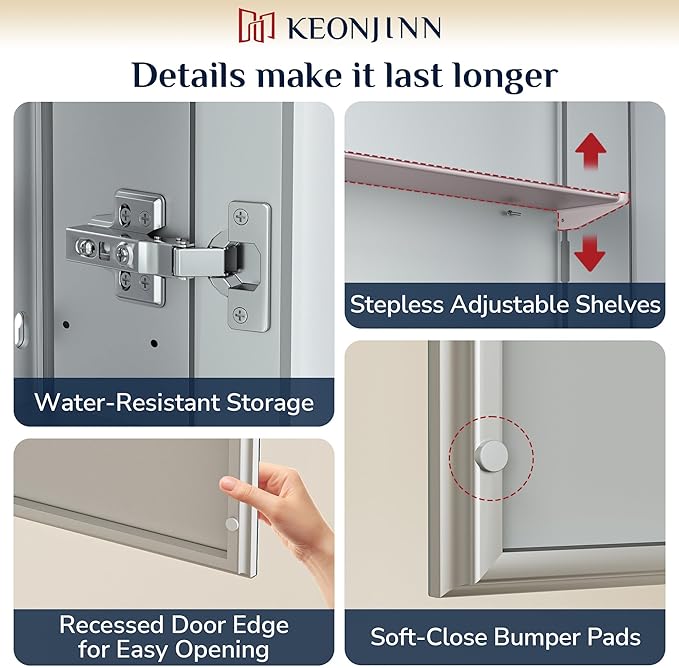 Keonjinn 40 x 32 Inch Large Medicine Cabinet for Bathroom, Silver Lightweight Combined Double Doors Mirrored Cabinet, Assembly Needed, Recessed or Wall Mount, Flexiable Ample Storage, Soft Closing | Assembly Needed, Lightweight Combined Double Doors, R...