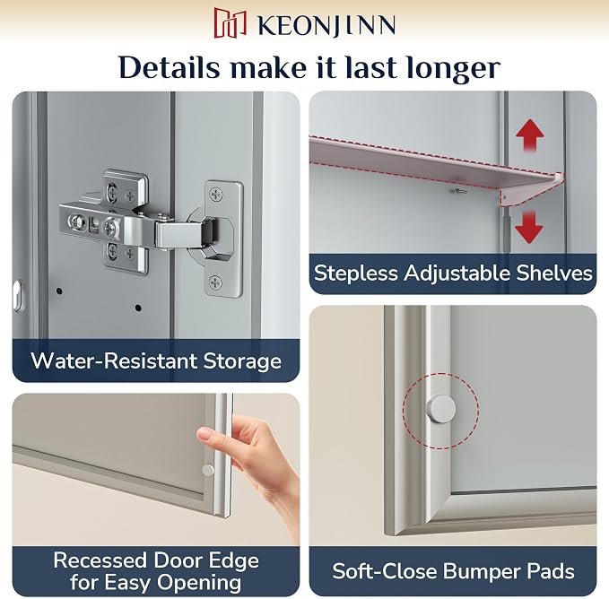 Keonjinn 40 x 26 Inch Medicine Cabinet Mirror for Bathroom, Lightweight | Assembly Required, Freely Adjustable Shelves, Surface Mount or Recessed, Safe Tempered Glass, Soft Close DTC Hinges, Silver
