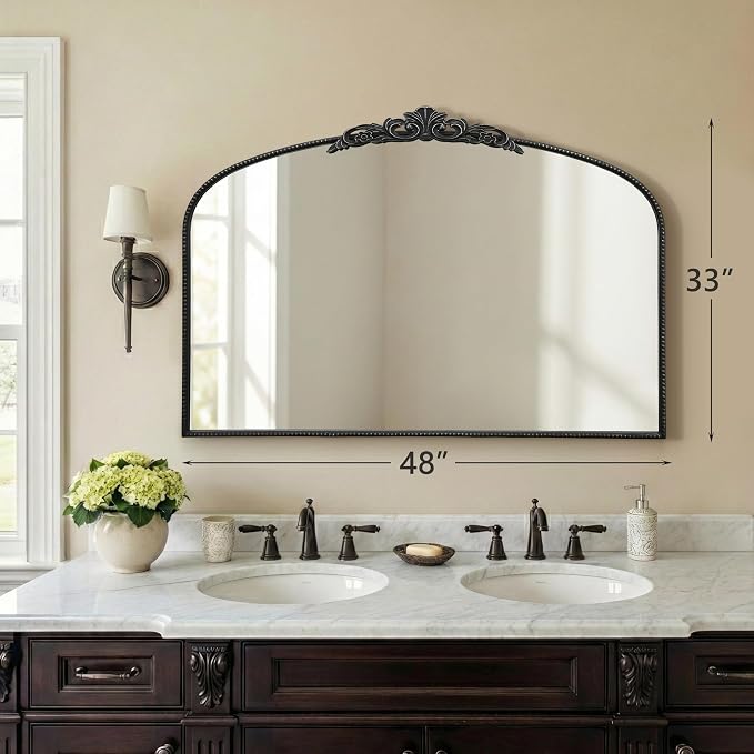 Micasso Large Vintage Black Mirror: 48"x33" Baroque Antique Wall Mirror | Traditional Ornate French Decorative Arched Mirror for Bedroom/Bathroom/Fireplace/Entryway/Hallway/Living Room/Dining Room