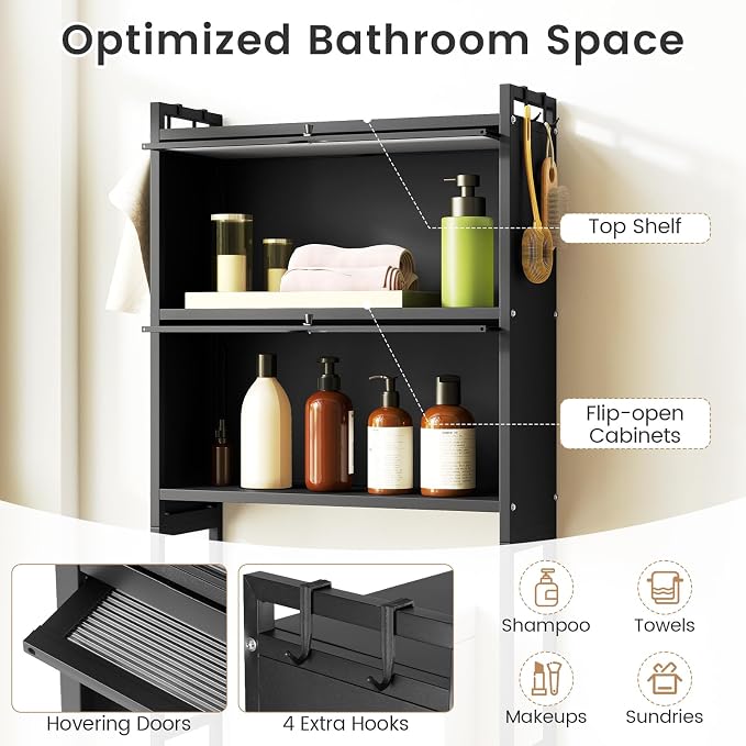 BECOMFORT Over The Toilet Storage Cabinet, Above Toilet Bathroom Shelf with Flip-up PC Doors, Metal Stand & 4 Hooks, Freestanding Space Saver, Over Toilet Bathroom Organizer for Laundry Room (Black)