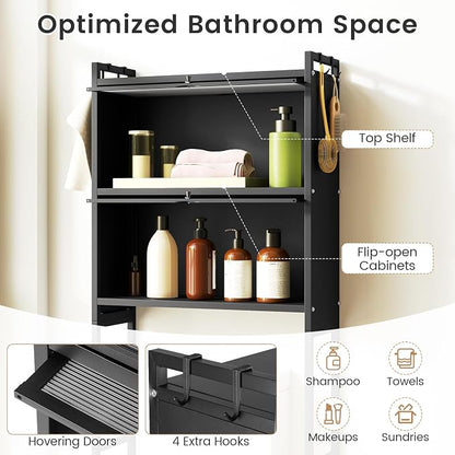 BECOMFORT Over The Toilet Storage Cabinet, Above Toilet Bathroom Shelf with Flip-up PC Doors, Metal Stand & 4 Hooks, Freestanding Space Saver, Over Toilet Bathroom Organizer for Laundry Room (Black)
