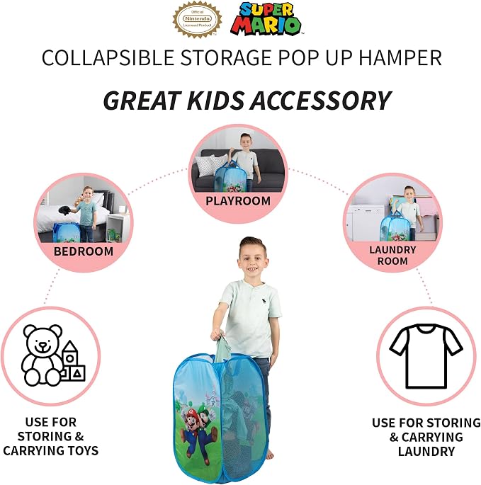 Franco Kids Room Collapsible Storage Bin Pop Up Hamper, One Size, Super Mario