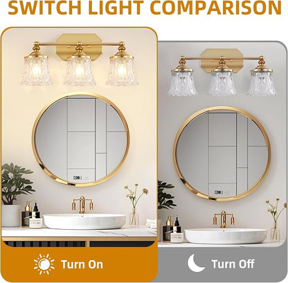 Vintage 3-Light Gold Bathroom Vanity Light, Crystal Glass Shade | Antique Style, Brushed Gold Finish, Rust-resistant Metal, E26 Base, Over Mirror Wall Lighting for Bathroom Restroom