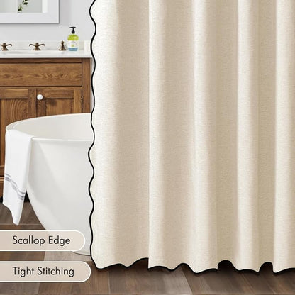 MIULEE Ivory Scalloped Linen Shower Curtain 72x78 Inches | Linen Textured, Waterproof, Washable, 12 Metal Hooks, Heavy Duty Cloth, Black Border, Shower Curtain for Bathroom Bathtub