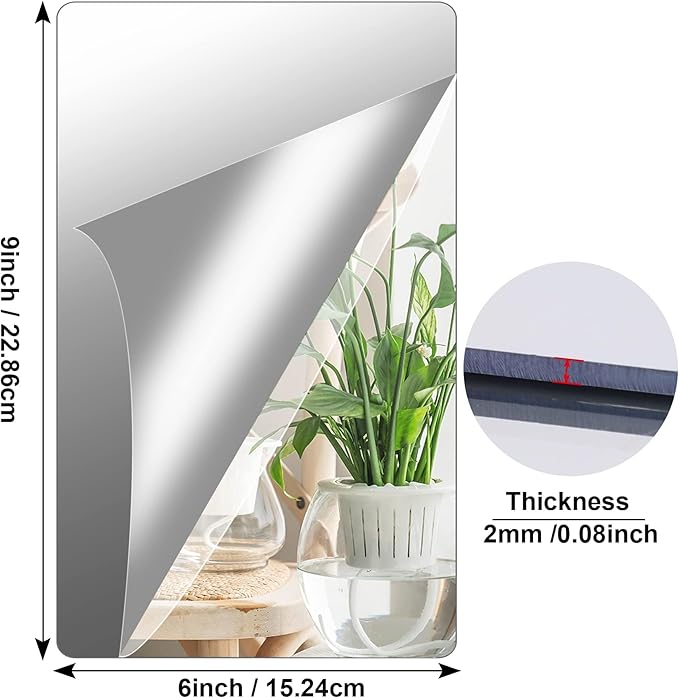 JUNEBRUSHS 4 Pack Self Adhesive Acrylic Mirror, 6X 9 Inch Mirror Tiles | Flexible Plastic Mirrors Sheets Wall Stickers,2MM Thick Mirrors,Frameless Small Mirror