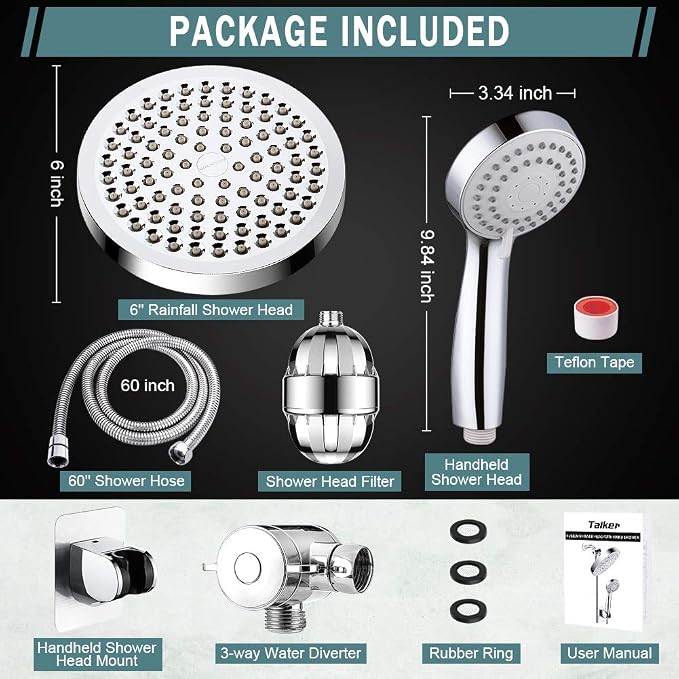 Filtered Shower Head with Handheld, High Pressure Rainfall Shower Head | Filter for Hard Water, Removes Chlorine & Impurities, 60'' Hose, Adjustable Holder, Chrome Finish (Silver)