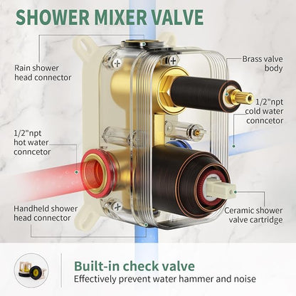 SunCleanse Rainfall Shower System with High Pressure in Oil Rubbed Bronze | Ceiling mounted shower combo set featuring a 12" square rain head, handheld spray, and rough-in mixer valve with trim.