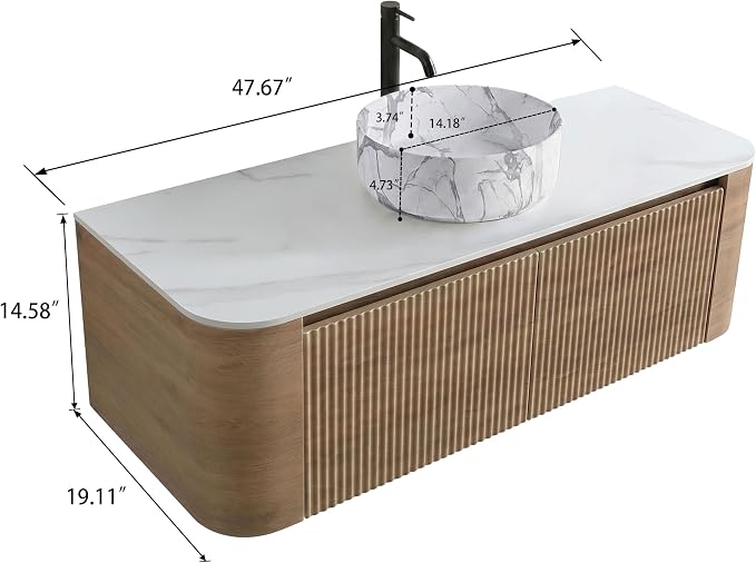 48" Preassembled Floating Bathroom Vanity with Carrara Finish Sink, Oak | Mid-Century Modern Style, Fluted & Soft-Close Drawer with U-shaped Wall, Sinterted Stone Countertop, Towel Rack Included