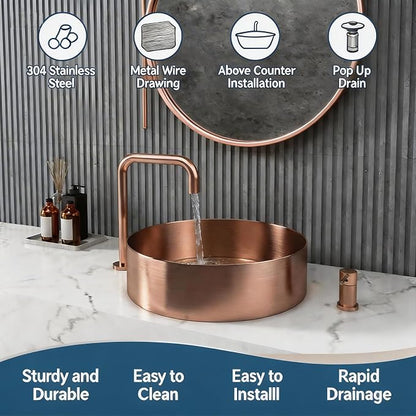 Round Metal Bathroom Vessel Sink: 16" Modern Lavatory Basin - Rose Gold | Above Counter Vanity Washbasin with Stainless Steel PVD Nano Coating Pop Up Drain for Home Hotel Office Toilet Renovation