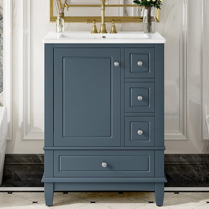 24" Vanity with Sink, Small Bathroom Vanities 24 Inch with Sink, Single Sink Bathroom Vanity with Door Shelf and Three Drawers, Restroom Vanity with Sink Top (Blue)