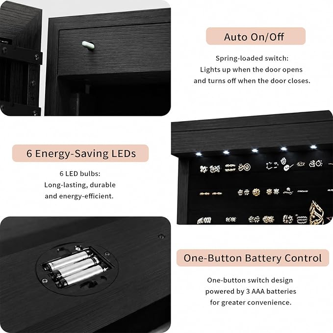 Lockable Jewelry Cabinet Organizer with Full Length Mirror, 6 Auto LED Lights, Wall & Over Door Mount Jewelry Armoire with Earring Slots, Necklace Hooks, Foldable Makeup Shelf