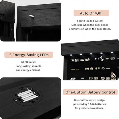Lockable Jewelry Cabinet Organizer with Full Length Mirror, 6 Auto LED Lights, Wall & Over Door Mount Jewelry Armoire with Earring Slots, Necklace Hooks, Foldable Makeup Shelf