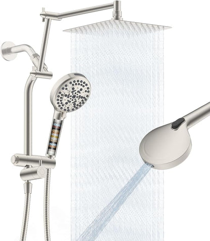 Metal 10" Rain Shower Head with Handheld, 10-Mode with Filter, Easy Reach | Brushed Nickel, High-Pressure Rainfall Showerhead, 4-Way Diverter Pause Mode, Adjustable 16" Extension Arm/71" Hose/Holder