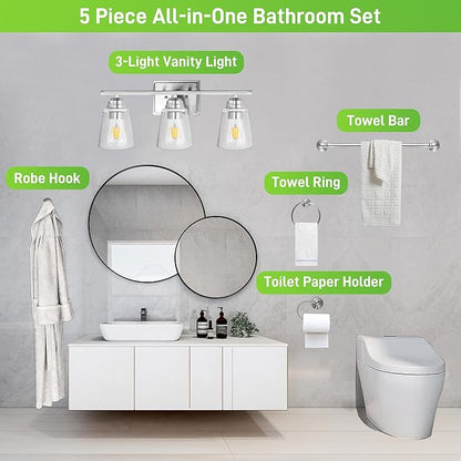 hykolity 3-Light Vanity Light Fixture, 5-Piece All-in-One Bathroom Set with Towel Bar, Ring, Robe Hook & Toilet Paper Holder for Bathroom Mirror Lighting, Brushed Nickel Wall Light with Glass Shade
