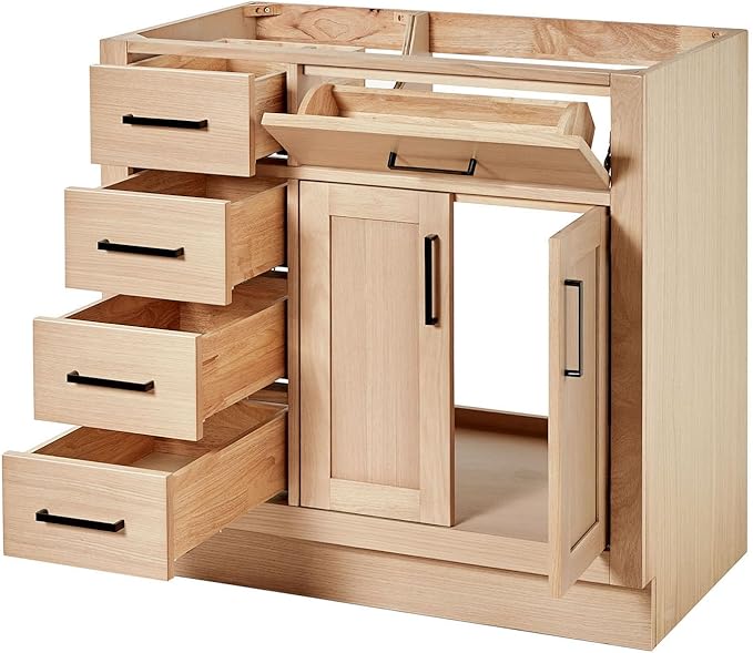 ARIEL Hepburn 36-inch Bathroom Vanity Base Cabinet,Solid Wood, 2 Soft Closing Doors, 5 Dovetail Drawers, White Oak