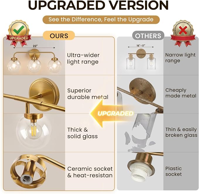 Modern Brushed Gold Vanity Lights for Bathroom, Mid Century 3 Light Bathroom Vanity Light with Globe Clear Glass Shade Over Mirror, Brass Wall Sconce for Bathroom Hallway Living Room Bedroom