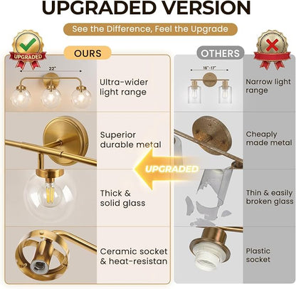 Modern Brushed Gold Vanity Lights for Bathroom, Mid Century 3 Light Bathroom Vanity Light with Globe Clear Glass Shade Over Mirror, Brass Wall Sconce for Bathroom Hallway Living Room Bedroom