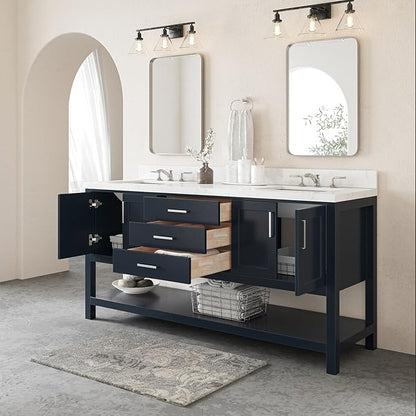 ARIEL Magnolia 72-inch Bathroom Vanity with Sink,Solid Wood, 1.5-inch Carrara White Quartz Countertop, Double Rectangular Porcelain Sink, 4 Soft Closing Doors, 3 Dovetail Drawers, Midnight Blue