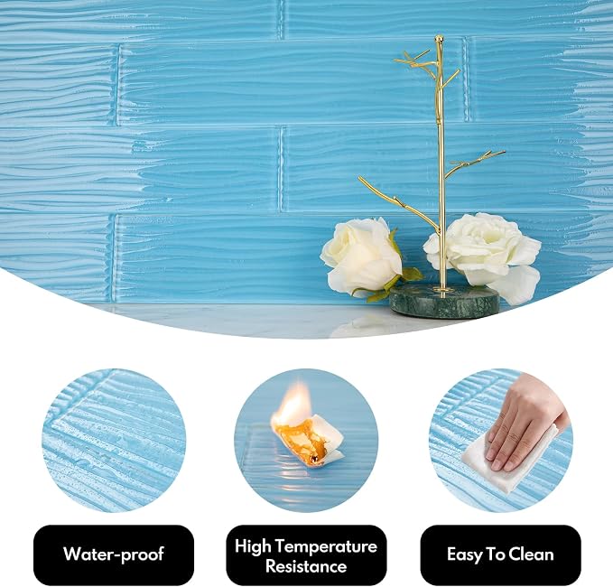 Blue Water Wave Glass Subway Tile, Glass for Bathroom Kitchen Backsplash Wall, 3 x 12 Inch, 4 Sq.Ft.