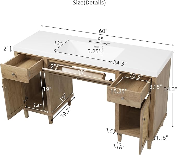 60 Inch Bathroom Vanity with Single Sink & Integrated Countertop,Large Bathroom Vanity with Rattan Doors,2 Drawers & Storage Cabinets,Gas Spring Tip-Out Tray,Soft Closing System,Solid Wood Legs