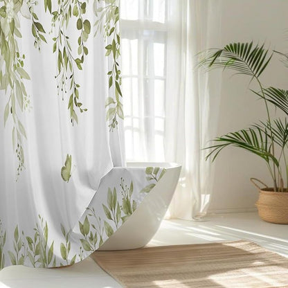 No Hook Shower Curtain and Liner Set, Beige Eucalyptus 71x74 | Floral Design, with Snap in Liner, Waterproof, Machine Washable, Quick-Drying, for Hotel Bathroom