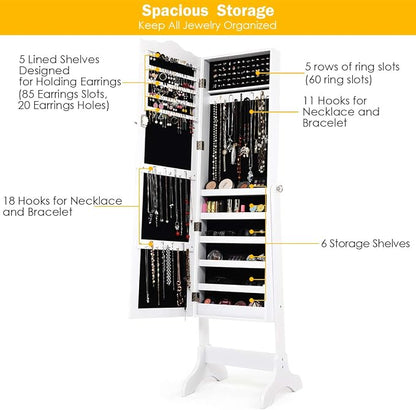 Giantex Jewelry Armoire with Full Length Mirror, Lockable Standing Jewelry Cabinet, Mirror with Jewelry Storage, Ring Earring Necklace Makeup Display, Jewelry Organizer Box for Women Girls (White)