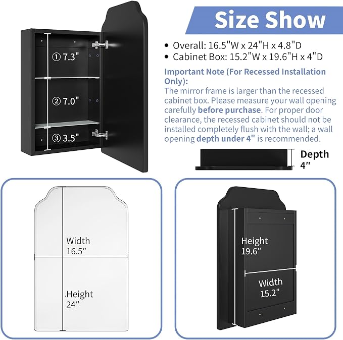 AGDULL Victorian Medicine Cabinet with Arch Mirror, Overall 16.5"x 24" | Surface Mount or Recessed, 15.2" W x 19.6"H Wood Cabinet with 16.5" W x 24" H Arched Mirror, Black, Right-Swing Door