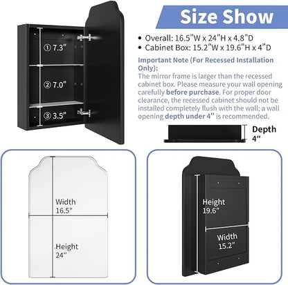 AGDULL Victorian Medicine Cabinet with Arch Mirror, Overall 16.5"x 24" | Surface Mount or Recessed, 15.2" W x 19.6"H Wood Cabinet with 16.5" W x 24" H Arched Mirror, Black, Right-Swing Door