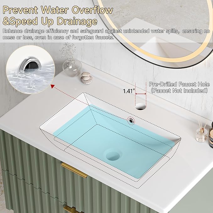 ONBRILL 30 Inch Bathroom Vanity with Sink Combo, Floating Bathroom Vanity with 2 Fluted Drawers & Metal Handle, Modern Wall Mount Storage Cabinet with Ceramic Integrated Sink for Small Space (Green)