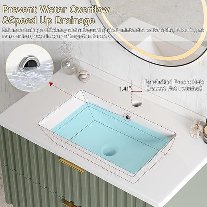 ONBRILL 30 Inch Bathroom Vanity with Sink Combo, Floating Bathroom Vanity with 2 Fluted Drawers & Metal Handle, Modern Wall Mount Storage Cabinet with Ceramic Integrated Sink for Small Space (Green)