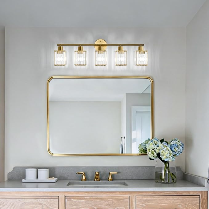 5 Light Bathroom Light Fixtures, Modern Crystal Vanity Lights over Mirror | Metal Frame, Bathroom Light with Square Crystal Shade, ETL Certified, E26 Ceramic Socket, Bulbs Not Included