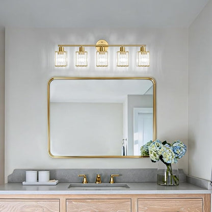 5 Light Bathroom Light Fixtures, Modern Crystal Vanity Lights over Mirror | Metal Frame, Bathroom Light with Square Crystal Shade, ETL Certified, E26 Ceramic Socket, Bulbs Not Included