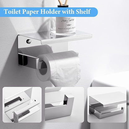 TURS Bathroom Hardware Set Chrome 4-Piece Towel Bar Set Include 24 Inch Towel Bar Towel Ring Towel Hook Toilet Paper Holder with Shelf Wall Mounted.